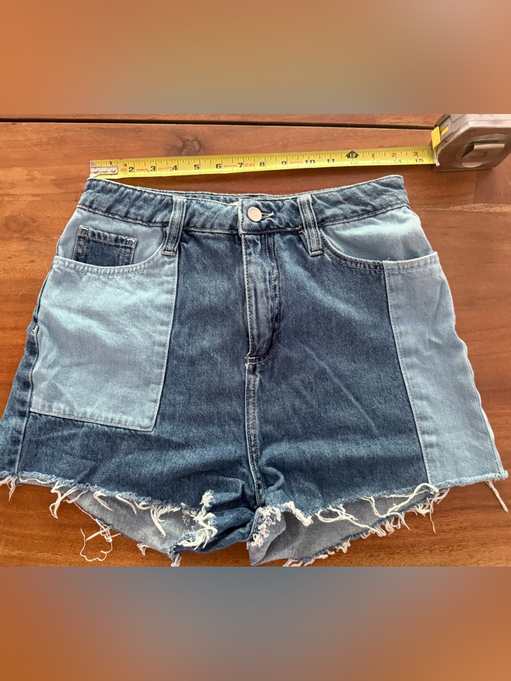 Ba&sh Two-Tone Distressed Denim Shorts - Light & Dark Blue
